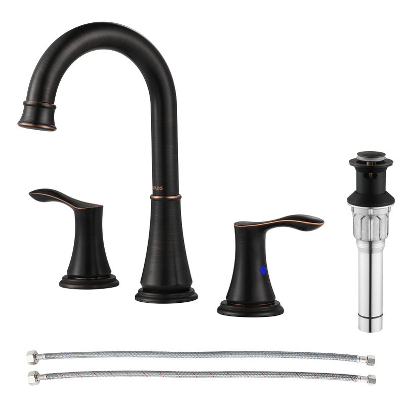 PARLOS Two-Handle High Arc Bathroom Faucet with Metal Pop Up Drain and cUPC Faucet Supply Lines Widespread 8 inch Deck Mounted,Oil Rubbed Bronze, Demeter 13652 - Image 1